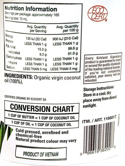 Organic Virgin Coconut Oil Cold Pressed Unrefined Kosher Butter Substitute 2.48L