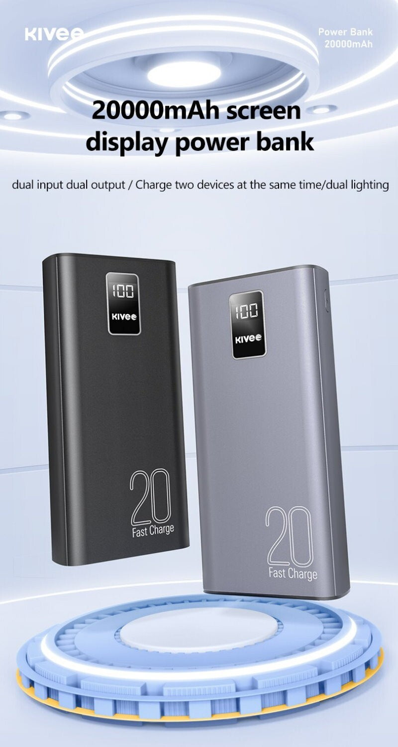 KIVEE 20000mAh Power Bank Digital Display Portable Battery USB-C Fast Charger