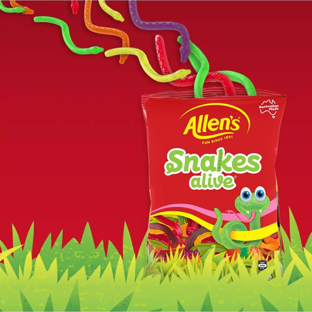 2 x 1kg Allen's Snakes Alive Kids Soft & Chewy Gummy Lolly Sweets Fruit Flavour