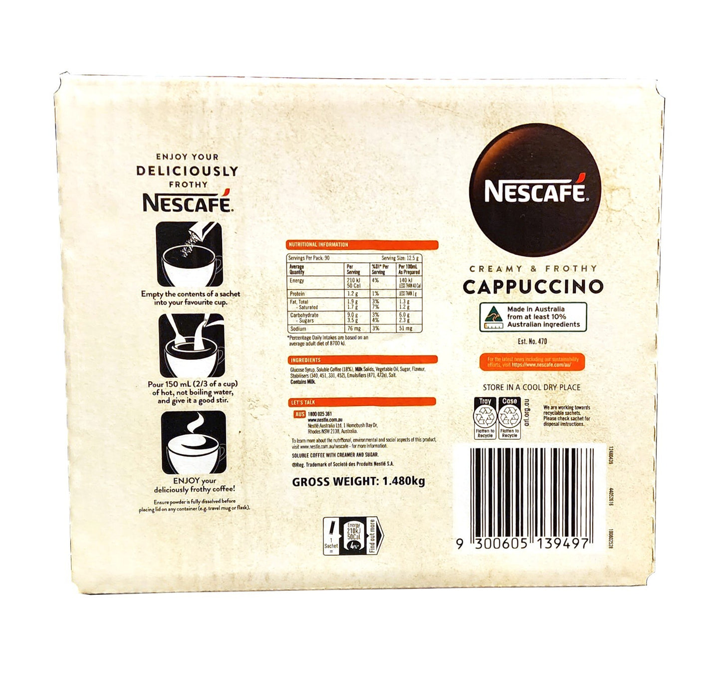 Nescafe Instant Coffee Stick Creamy & Frothy Cappuccino 90 x 12.5g Sachets