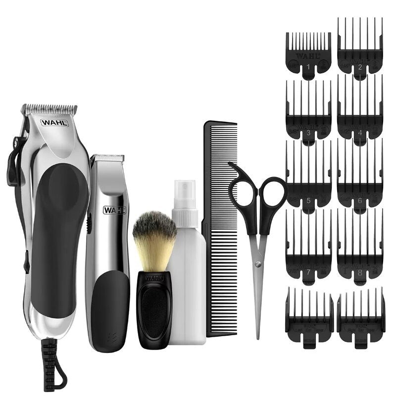 WAHL 25 Pieces Deluxe Chrome Haircutting Home Kit Complete Hair & Trimming Kit
