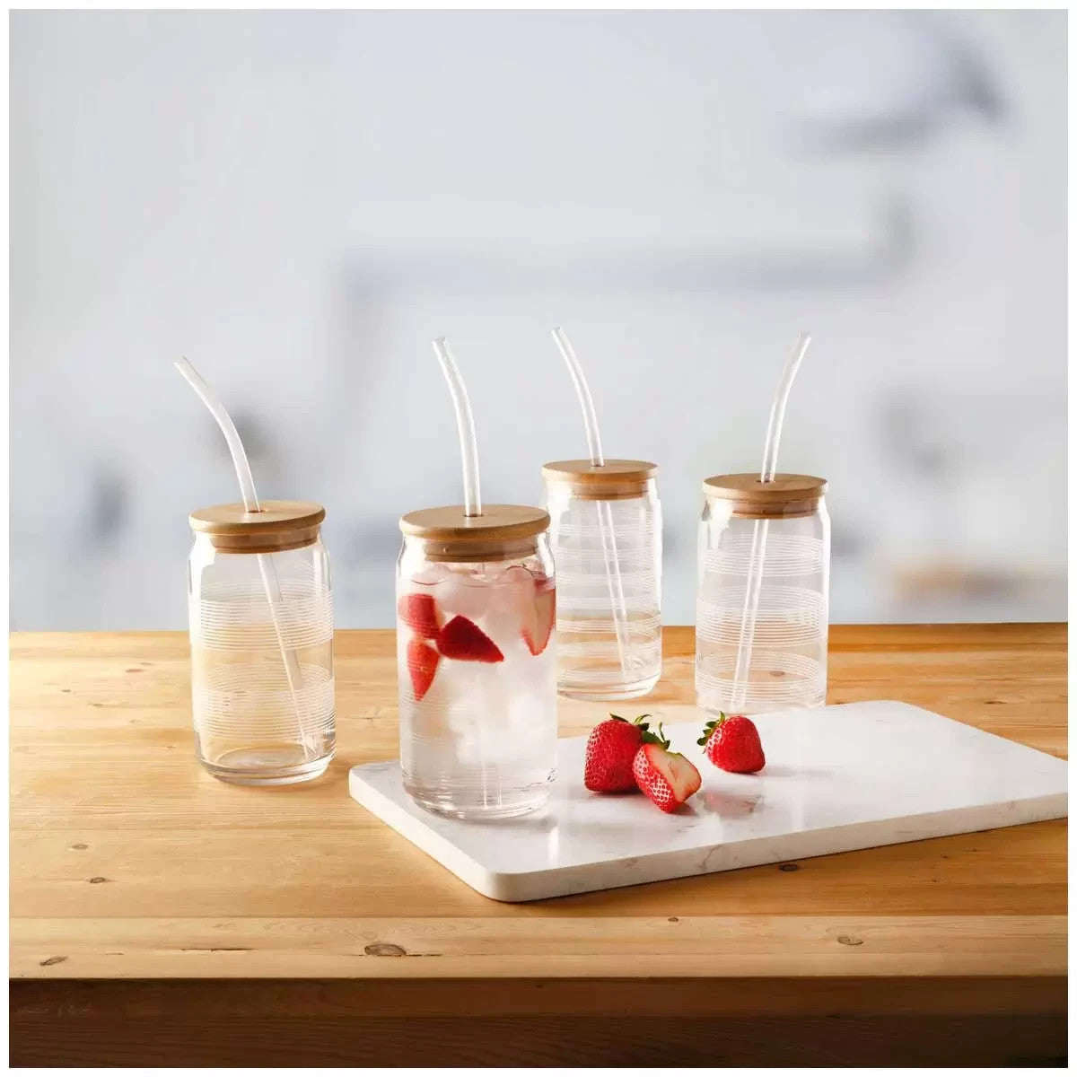 Mikasa 4 x Cold Drink Glass Tumblers 532mL with Bamboo Lid & Tritan Straw Set