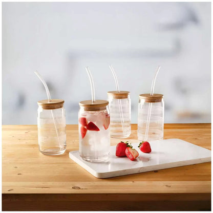 Mikasa 4 x Cold Drink Glass Tumblers 532mL with Bamboo Lid & Tritan Straw Set
