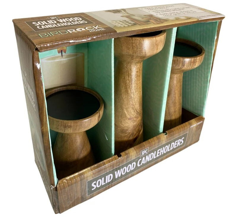 BIRDROCK HOME 3pc Flare Candleholders Gift Set Farmhouse Wooden Candle Holders