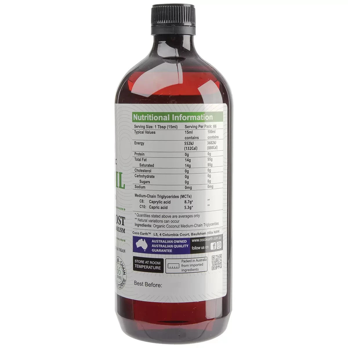 Coco Earth 1L Organic MCT Oil Unflavoured Boost Metabolism Non GMO Gluten Free