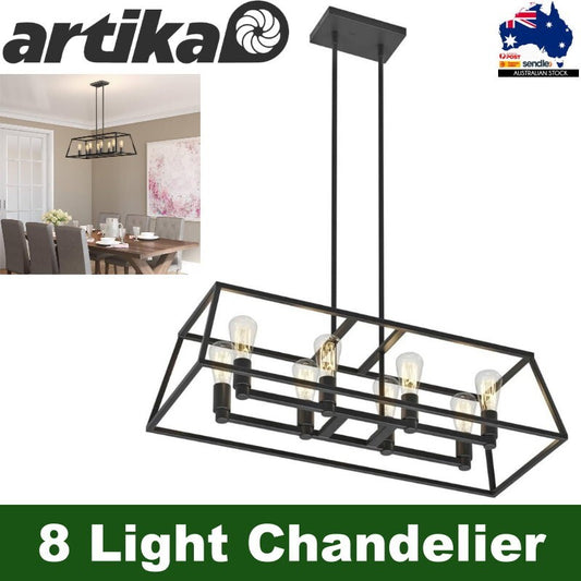 Artika Carter Long 8 Light Chandelier Matte Black, Adjustable Height