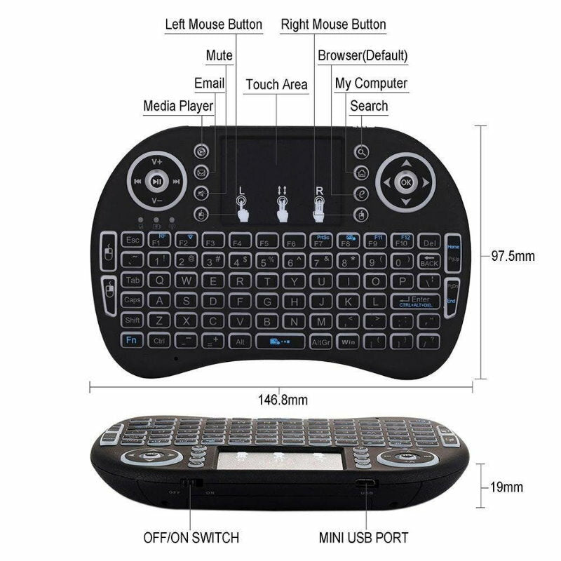 3 Colour LED Wireless Mini Keyboard Touchpad for Smart TV Android Box PC GAMES