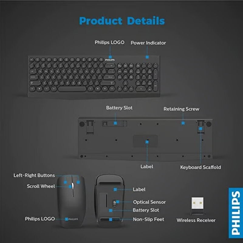 Philips Compact Wireless Keyboard & Mouse Combo PC Windows Mac Chrome OS Linux