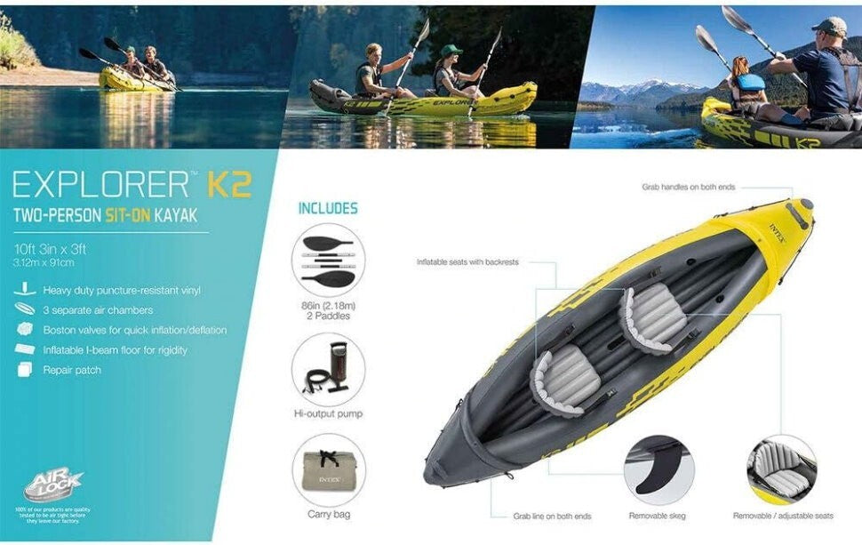 Intex 2-Person Explorer K2 Inflatable Kayak with Bag Canoe River Lake Boat 180kg