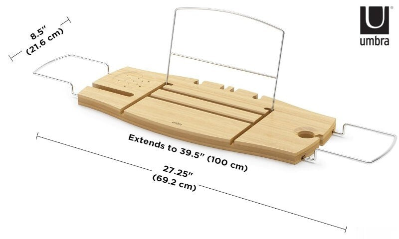 Umbra Aquala Bamboo Extendable Bath Tub Caddy Wine Glass Ipad Book Holder
