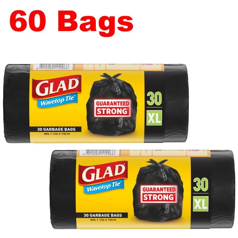 Glad XL 80L Extra Large Wavetop Tie Garbage Bags with Leak Proof Base 78 x 100cm