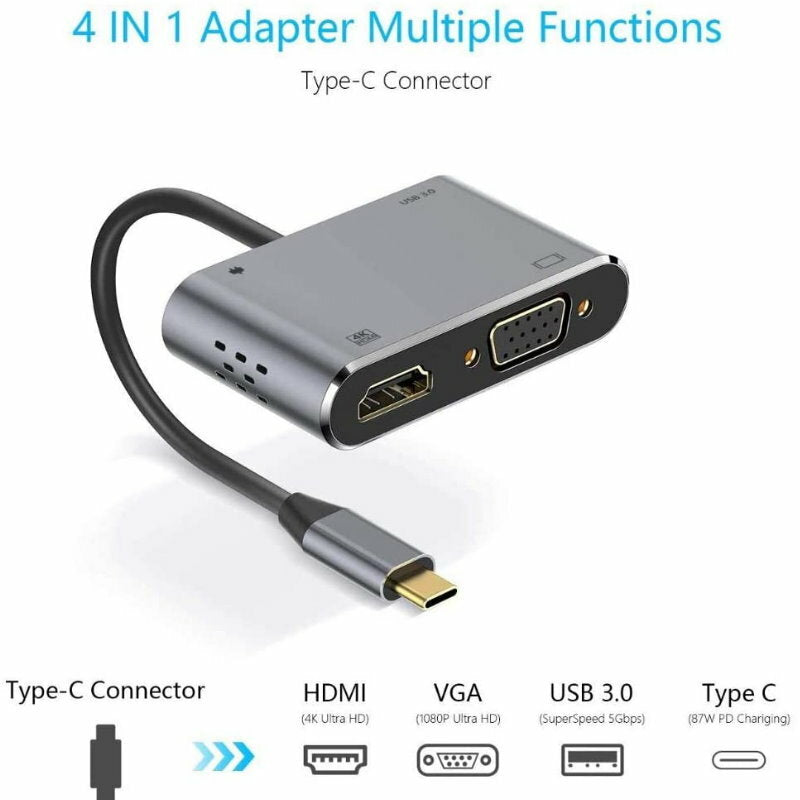 HYD-9837T 4-In-1 Type C USB Adapter Hub w/ HDMI, VGA, USB 3.0, PD 87W Charging