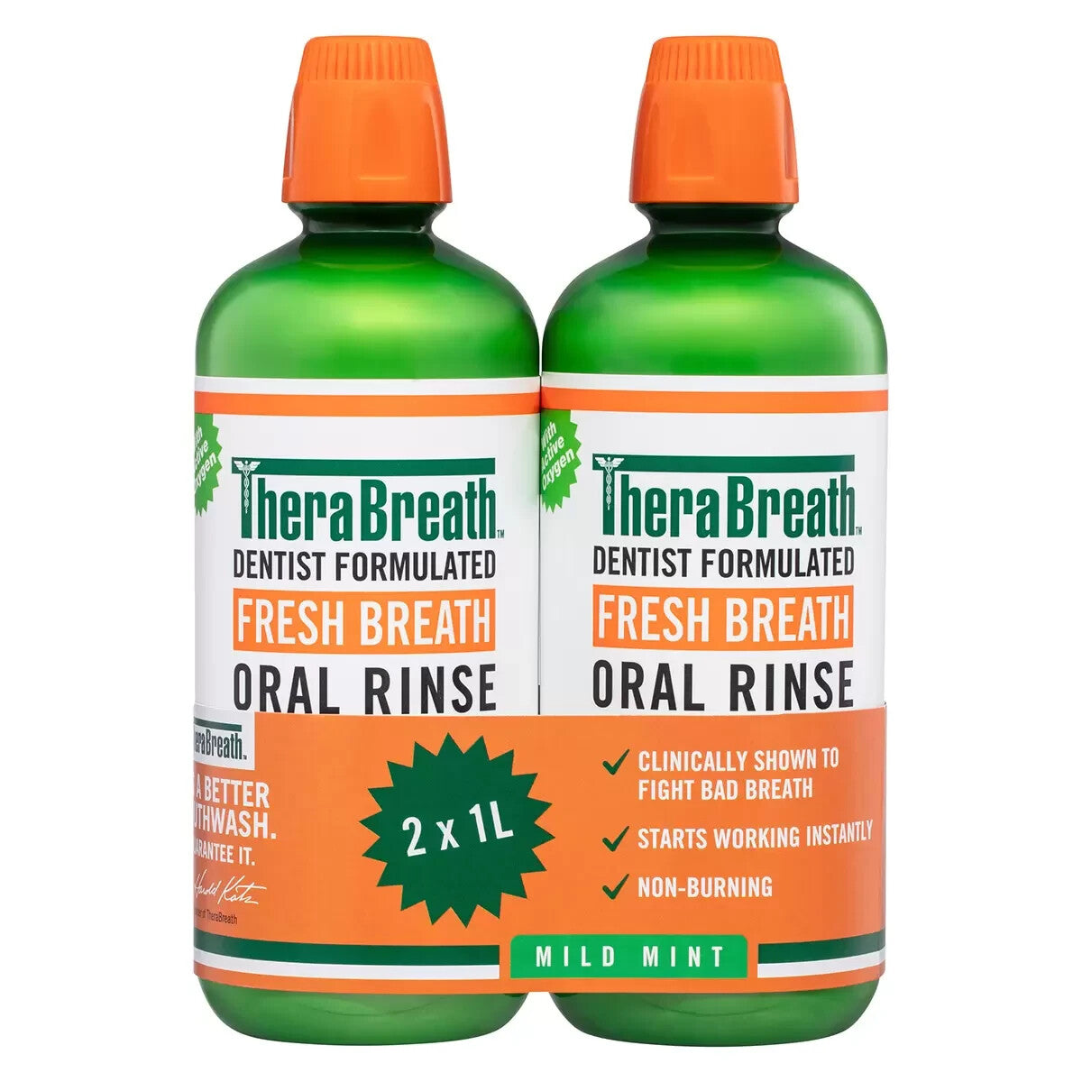 TheraBreath Mild Mint Gentle Non-Burning Mouthwash Oral Rinse Fresh Breath 2x 1L