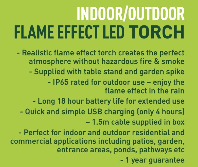 ProGlo IP65 Indoor/Outdoor LED Flame Effect Torch w/ Spike, Stand & USB Charging