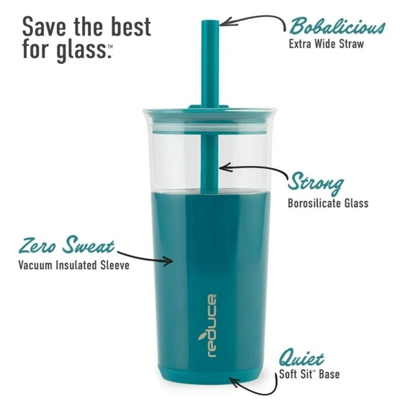 REDUCE Aspen 20oz 590ml Vacuum Insulated Glass Tumbler w/ Lid & Extra Wide Straw