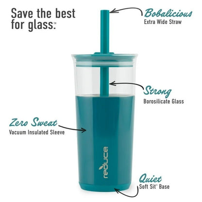 REDUCE Aspen 20oz 590ml Vacuum Insulated Glass Tumbler w/ Lid & Extra Wide Straw