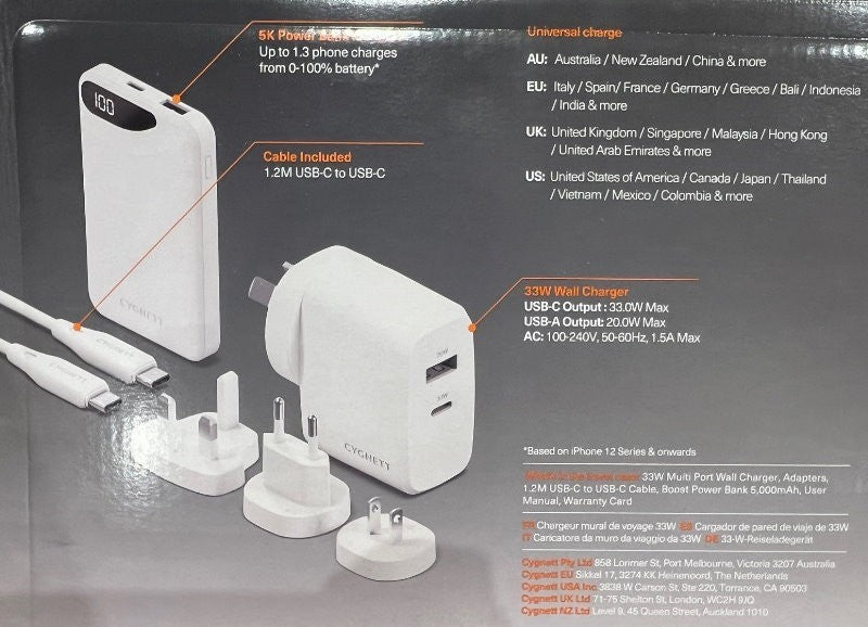 Cygnett PowerMaxx 33 Watt Travel Wall Charger Kit with 5000mAh Power Bank, Case