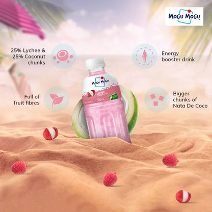6 x 320ml Mogu Mogu Lychee Flavoured Kids drink with Nata De Coco Coconut Jelly