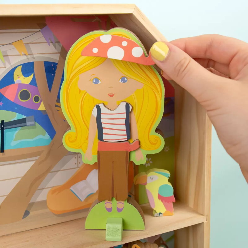 Story Magic Wooden Dress-Up Dolls Assortment -Dollhouse, 10 Figurines, 80 Magnet