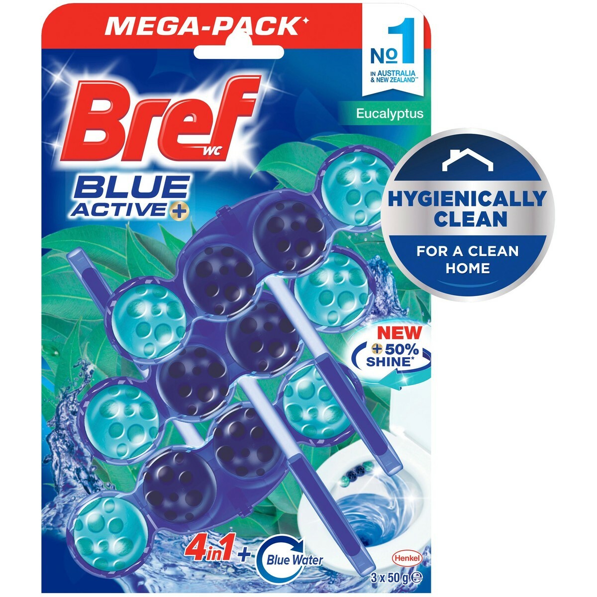 Bref Blue Active Eucalyptus Rim Block Toilet Odour Hygienically Cleaner 9 x 50g