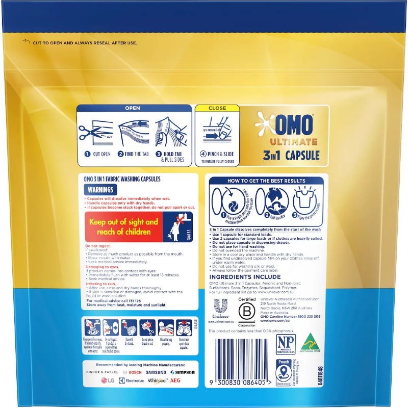 OMO Ultimate 3 in 1 Laundry Liquid Capsules Detergent Sensitive 50 or 100 Washes