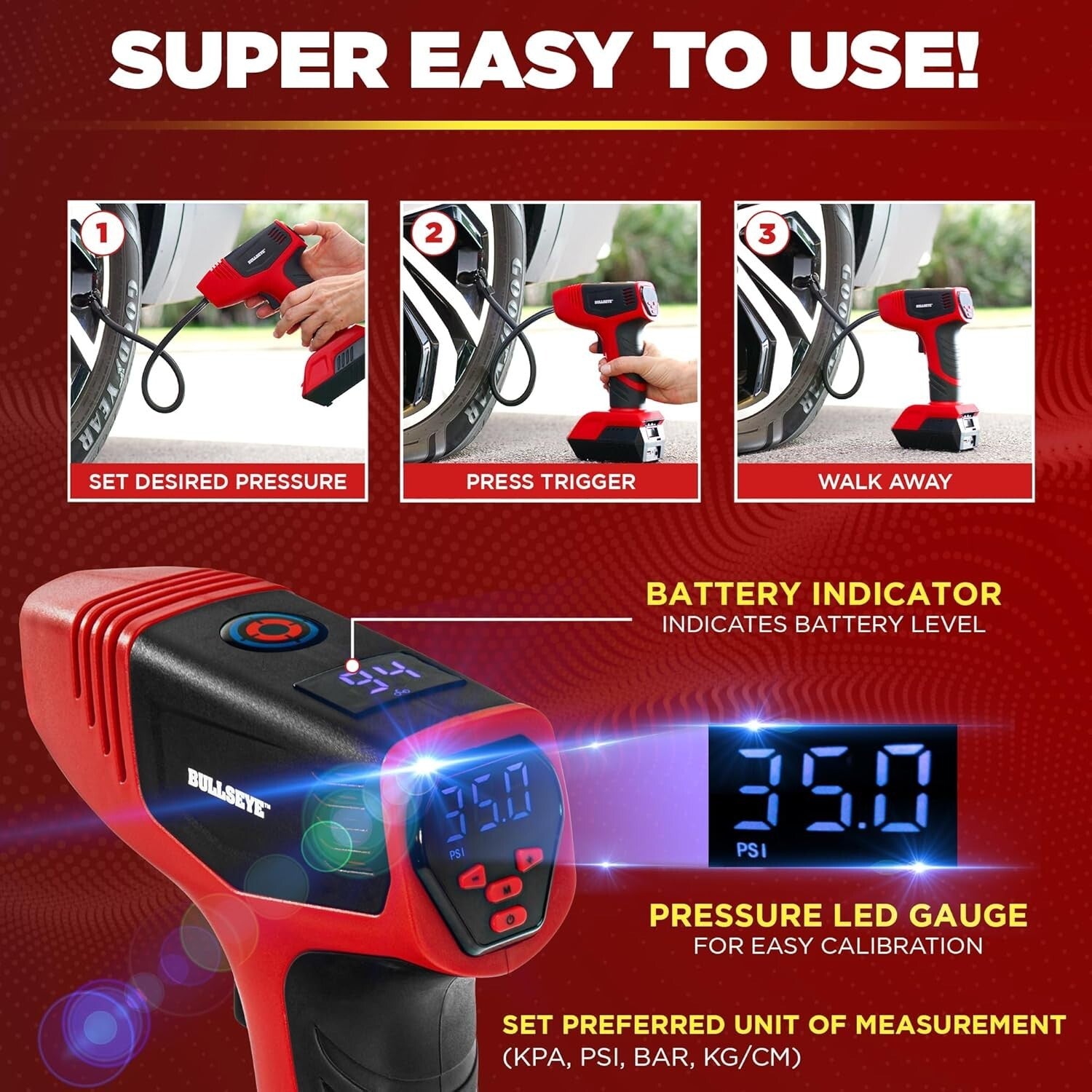 Automatic Cordless Portable Rechargeable Tyre Inflator Air Compressor Gauge 12v