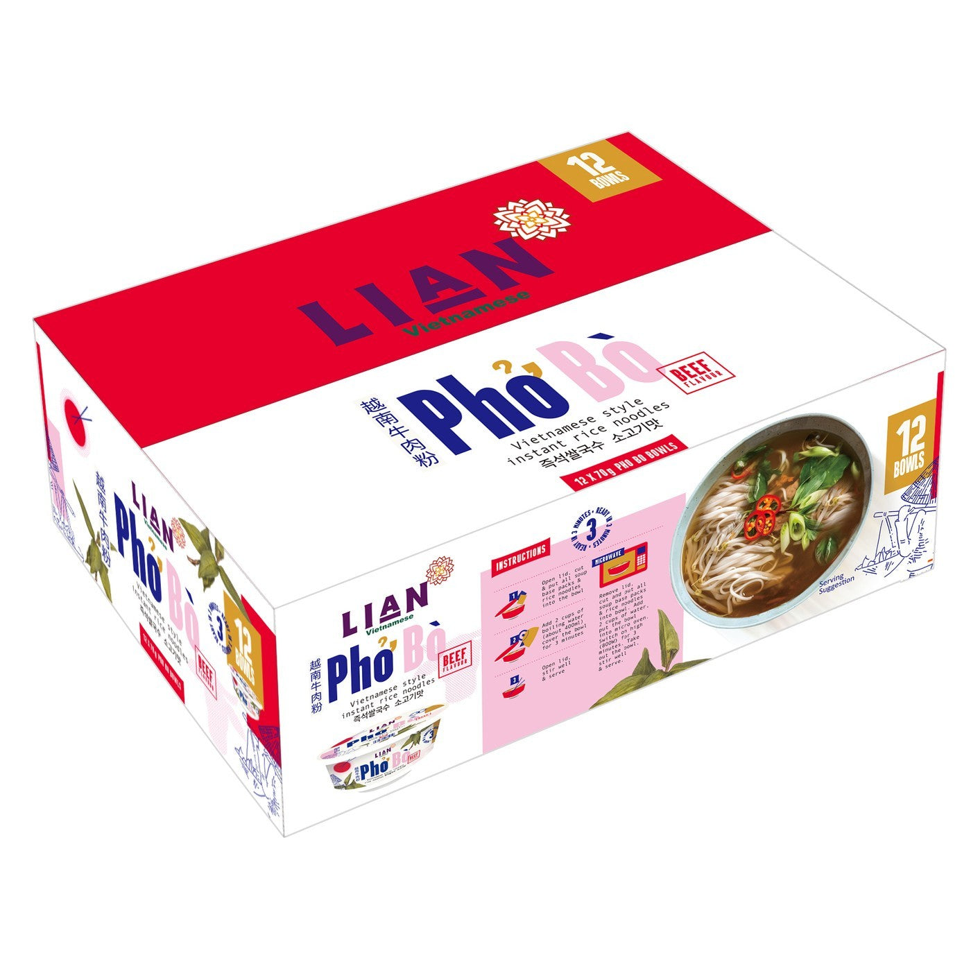 12 70g Bowls Lian Pho Bo Beef Flavour Vietnamese Style Instant Rice Noodle Meals