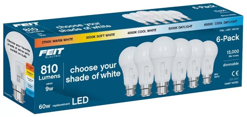 Feit Electric 6 Pack 5-Colour Dimmable LED Light Bulbs 9W 810 Lumens E27 or B22