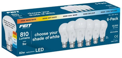 Feit Electric 6 Pack 5-Colour Dimmable LED Light Bulbs 9W 810 Lumens E27 or B22