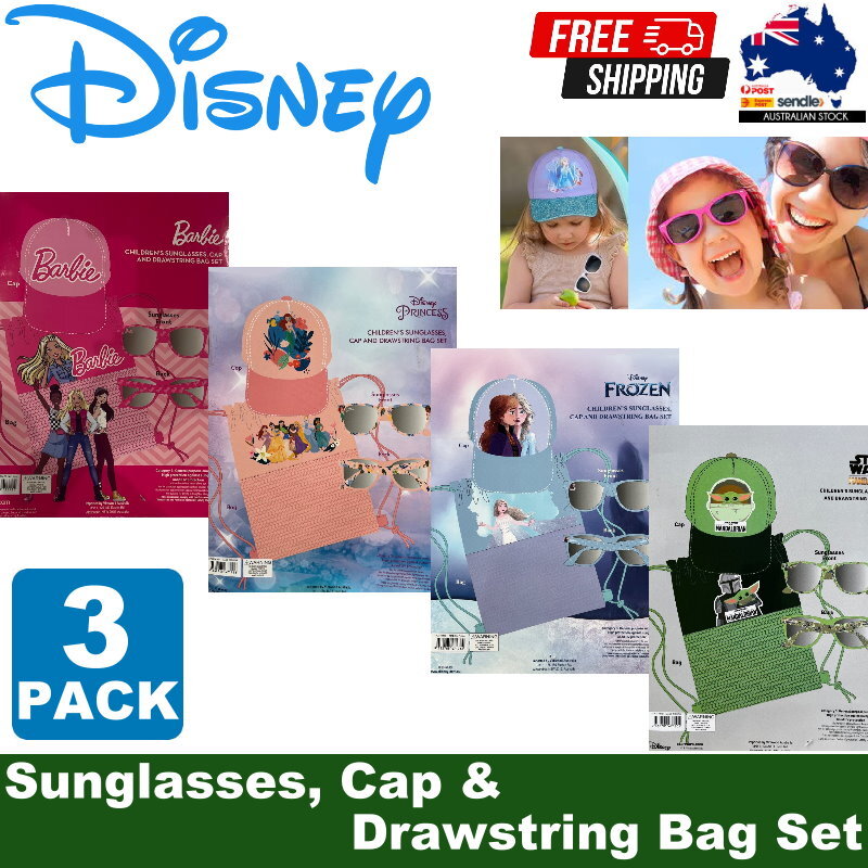 DISNEY 3pc Sunglasses, Cap & Drawstring Bag Set - Barbie, Frozen, Princess