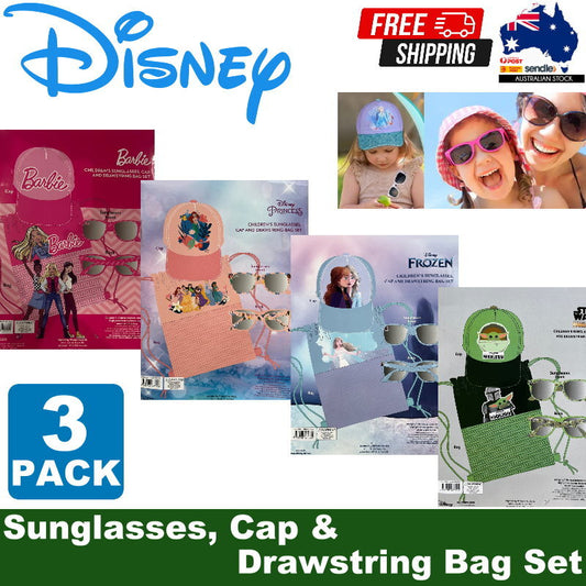 DISNEY 3pc Sunglasses, Cap & Drawstring Bag Set - Barbie, Frozen, Princess