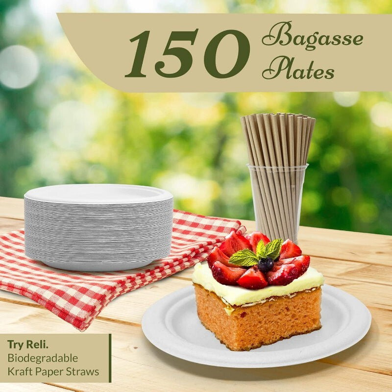 iECO 150-Pack 7" (18cm) Round White Bagasse Disposable Paper Plates Compostable