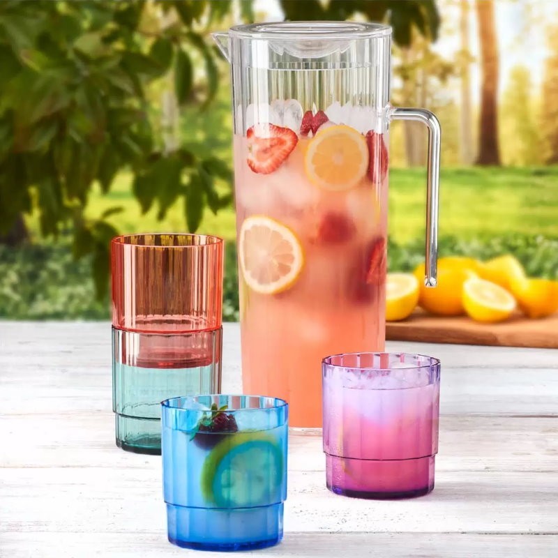 Acrylic Lagoon Pitcher with 4 Stackable Tumblers - Break-Resistant, Rainbow