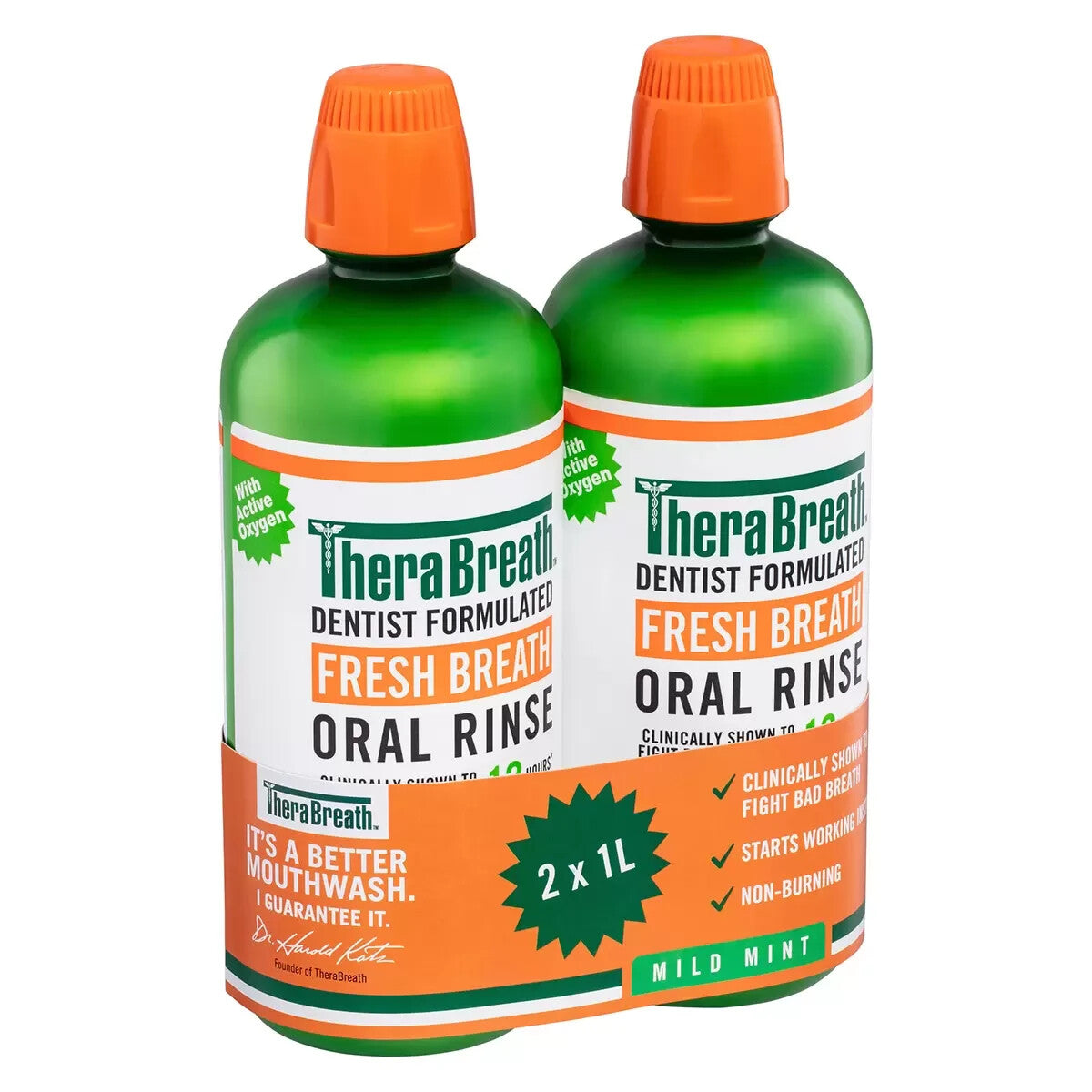 TheraBreath Mild Mint Gentle Non-Burning Mouthwash Oral Rinse Fresh Breath 2x 1L