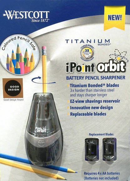 Westcott iPoint Orbit Battery Pencil Sharpener with 2x Replacement Blades
