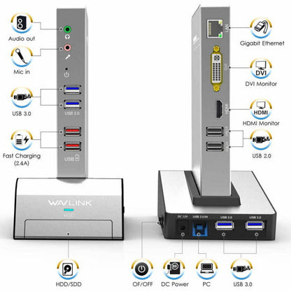 Wavlink USB 3.0 Laptop Universal 15-Ports Docking Station HDMI RJ45 HDD SSD