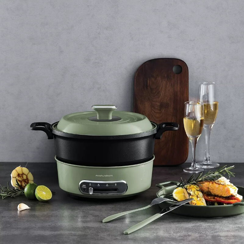 Morphy Richards Round Multi Function Grill Pan Electric Cooking Pot 1.8L Green