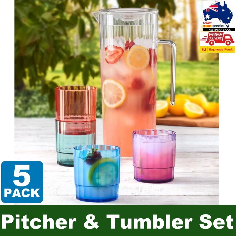 Acrylic Lagoon Pitcher with 4 Stackable Tumblers - Break-Resistant, Rainbow