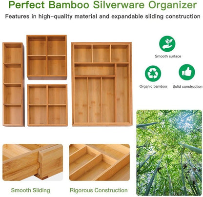 Seville Classics 4-Piece Bamboo Premium Expandable Drawer Organizer Cutlery