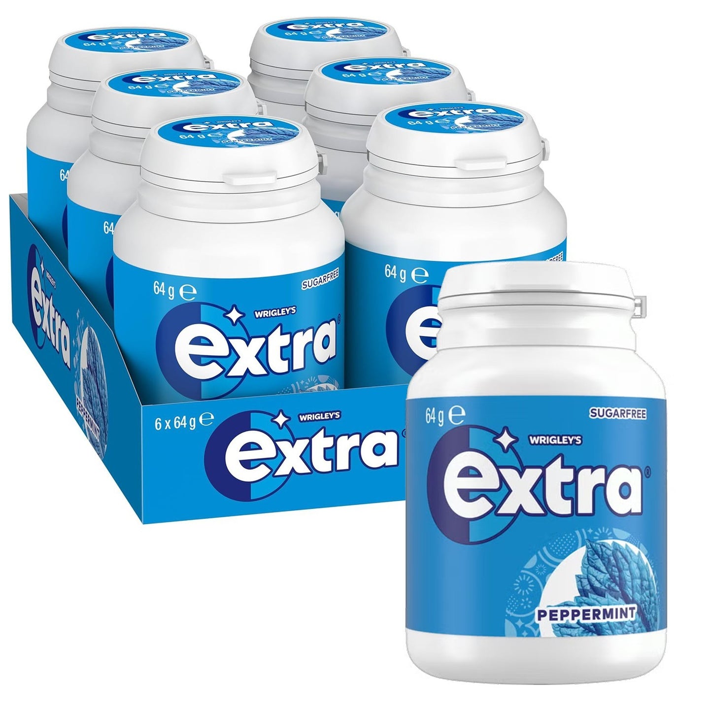 6 x 64g Bottle Wrigleys Extra Peppermint Sugarfree Chewing Gum Fresh Mint Breath