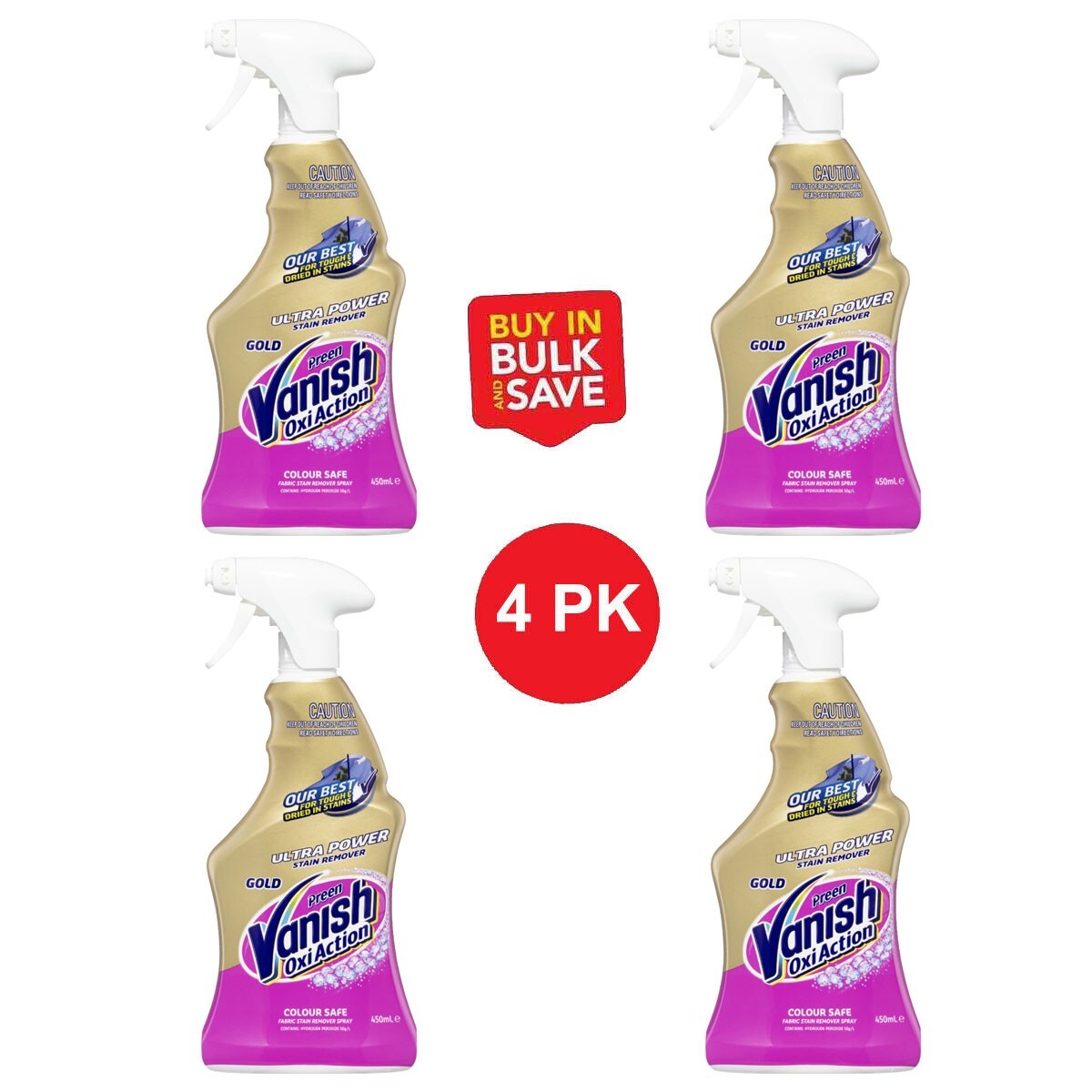 Vanish Preen Oxi Action Gold Fabric Stain Remover Spray Colour Safe 4 x 450ml