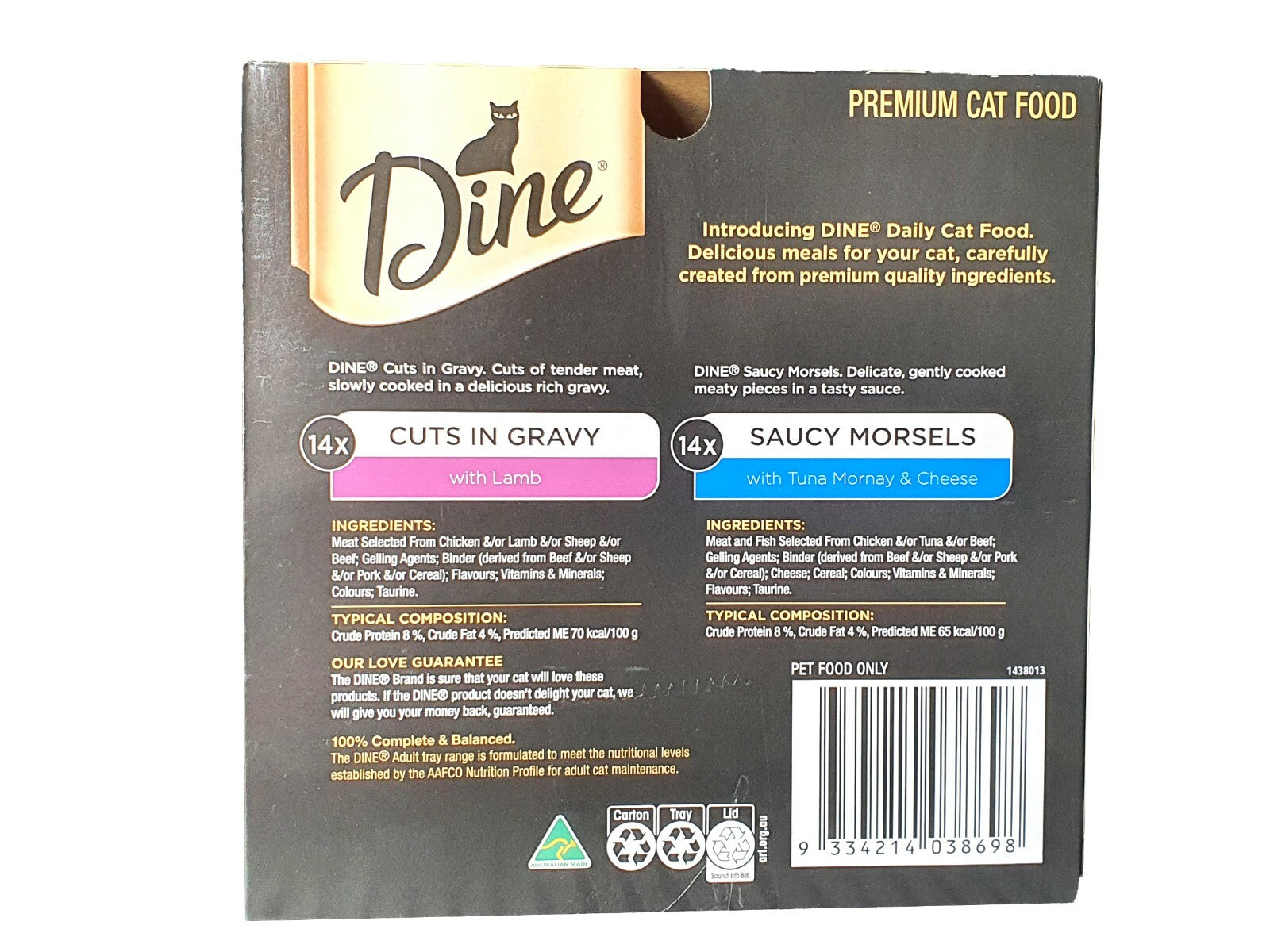 28x85g Dine Premium Wet Cat Food Tuna Mornay & Cheese Gravy Lamb Australia Made