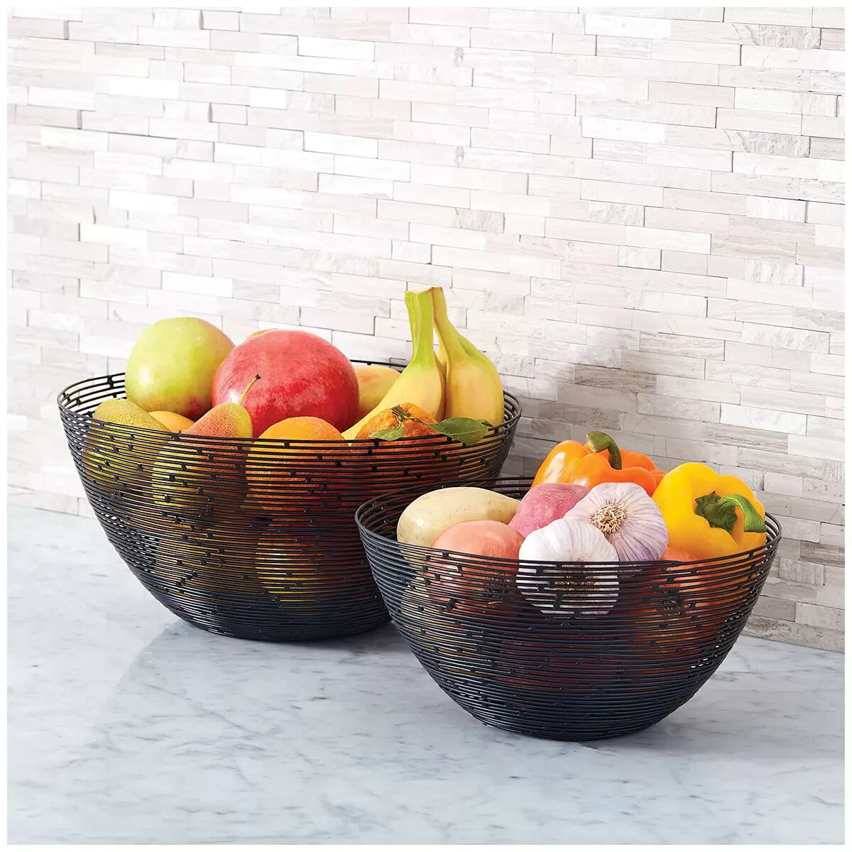 2 x Black Metal Wire Fruit Bowls Modern Decorative Countertop Storage Baskets