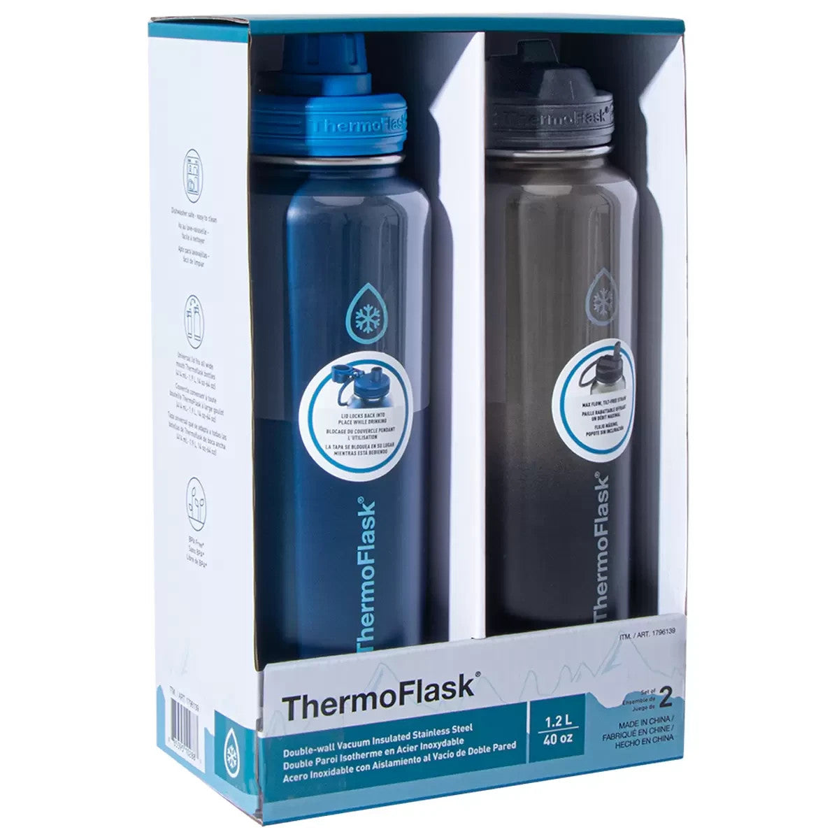 ThermoFlask Double Wall Stainless Steel Vacuum Sealed Drink Bottle 1.2L 2 Pack