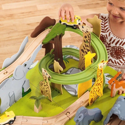 Kidkraft 52 Pcs Wooden Adventure Tracks Safari Run Play Table with Storage Net