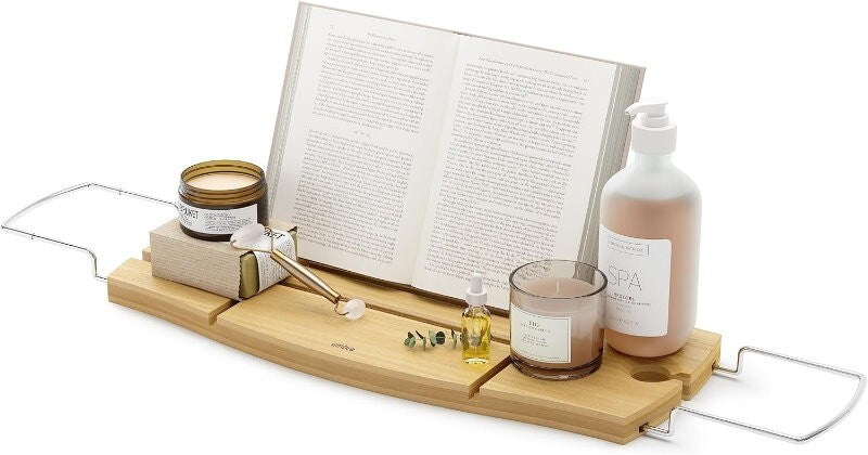 Umbra Aquala Bamboo Extendable Bath Tub Caddy Wine Glass Ipad Book Holder