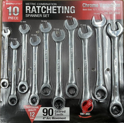 Bonaire 10 PCs 10-19mm Professional Metric Ratcheting Spanner Ratchet Wrench Set