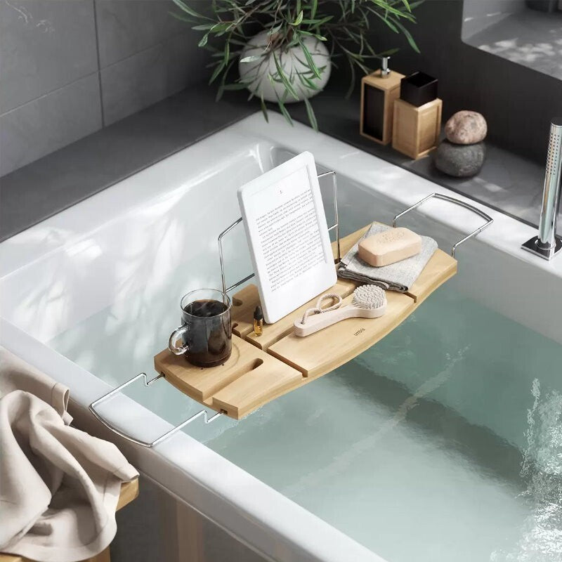 Umbra Aquala Bamboo Extendable Bath Tub Caddy Wine Glass Ipad Book Holder