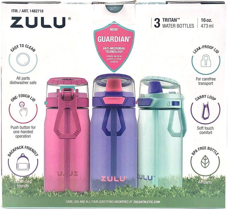 ZULU 3-Pack Kids Flex Tritan Water Bottle Set 16 oz / 473 ml for Boys or Girls