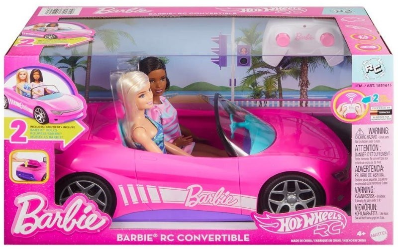 Hot Wheels Mattel Barbie RC Toy Car Convertible with 2 Dolls, Sticker Sheet